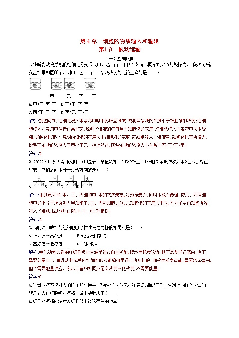 2023_2024学年新教材高中生物第4章细胞的物质输入和输出第1节被动运输课时作业新人教版必修1第1页