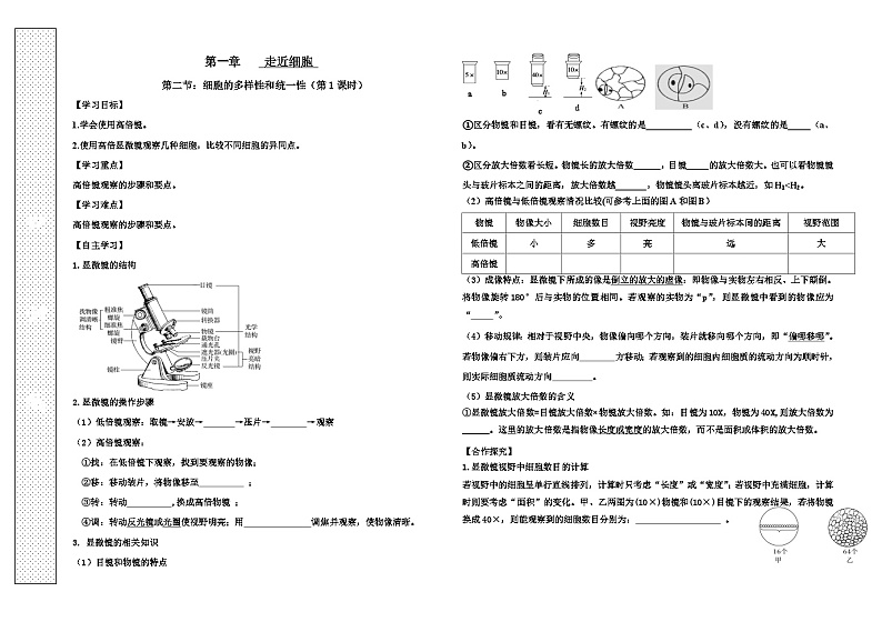 1.2细胞的多样性和统一性第1课时导学案 高中生物人教版必修101