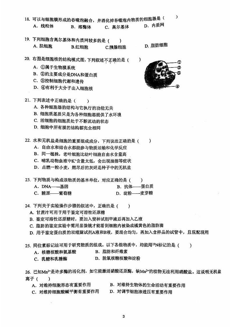 2023北京交大附中高一(上)期中生物第3页