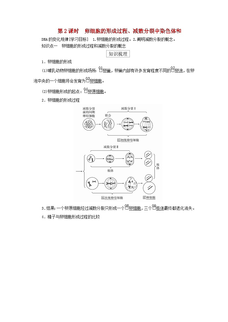 2023年新教材高中生物第2章基因和染色体的关系第1节减数分裂和受精作用第2课时卵细胞的形成过程减数分裂中染色体和DNA的变化规律导学案新人教版必修201