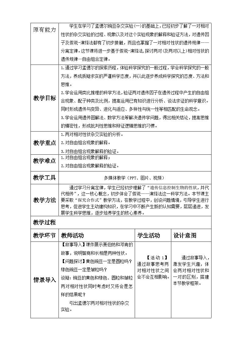 1.2 孟德尔的豌豆杂交实验(二)第1课时 教学设计 高中生物人教版必修2第2页