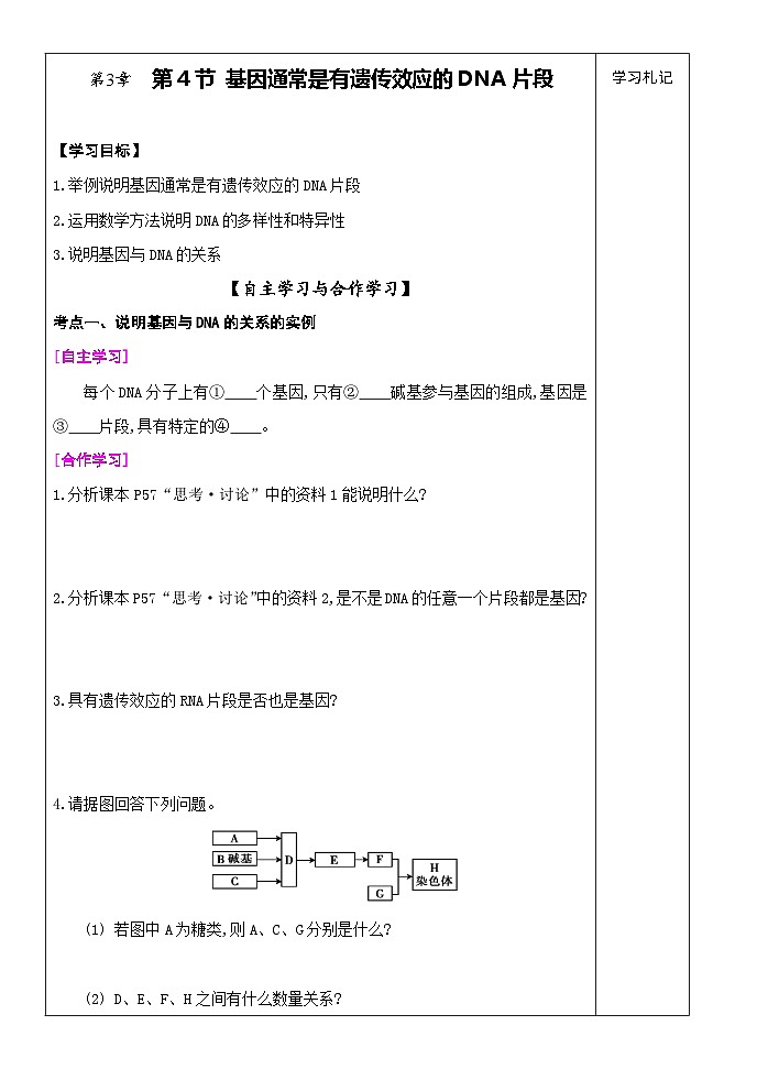 3.4基因通常是有遗传效应的DNA片段导学案 高中生物人教版必修2第1页