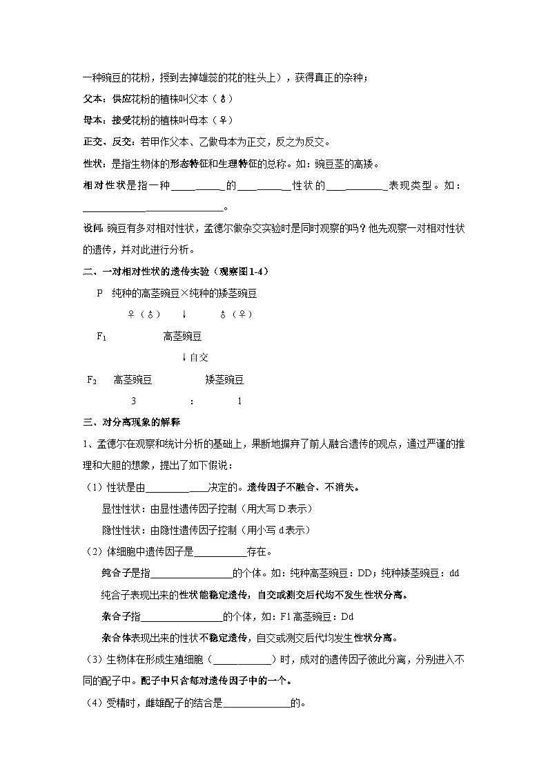 1.1孟德尔的豌豆杂交实验(一)导学案 高中生物人教版必修202
