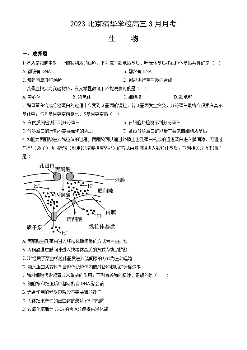 2023北京精华学校高三3月月考 生物第1页