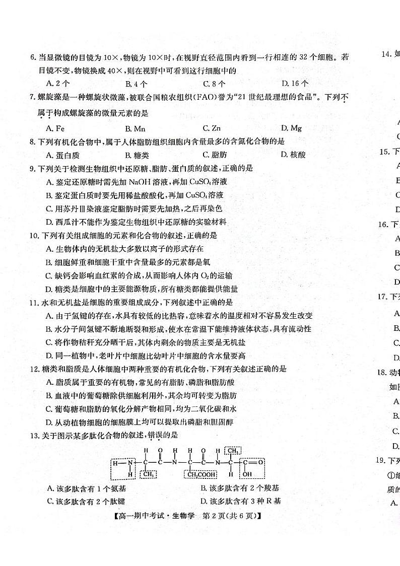 甘肃省酒泉市四校联考2023-2024学年高一上学期11月期中生物试题02