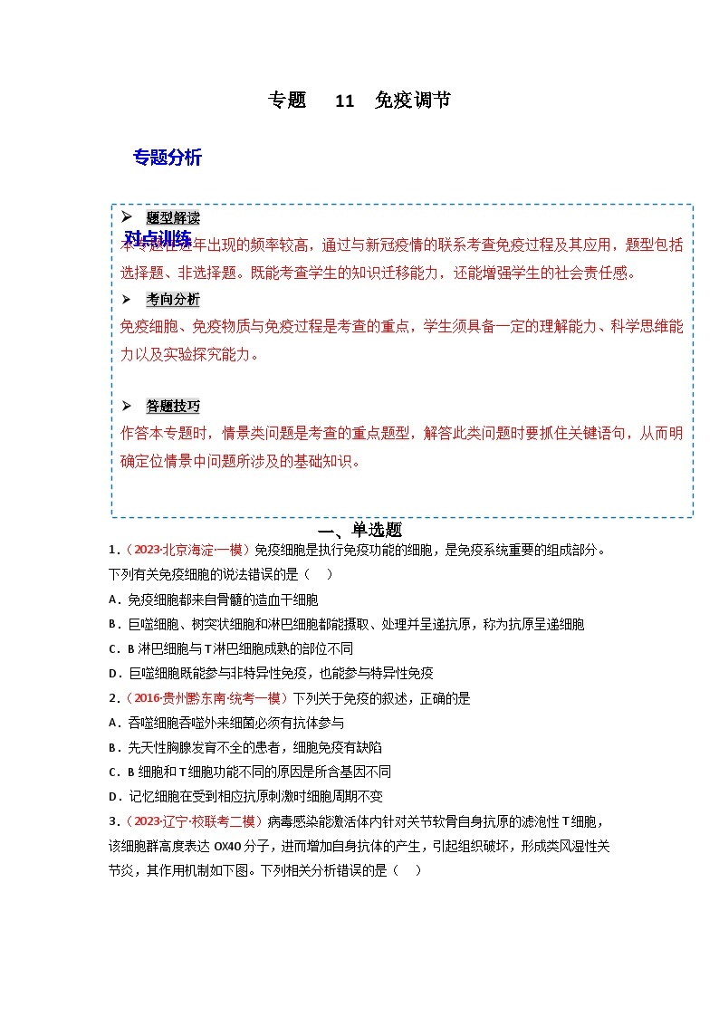 2024年高考生物一轮复习重难点训练 专题11 免疫调节试题（含答案）01