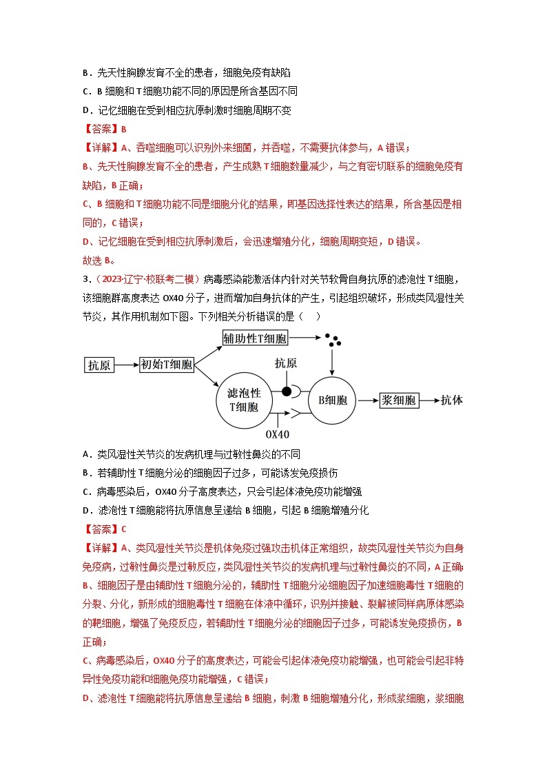 2024年高考生物一轮复习重难点训练 专题11 免疫调节试题（含答案）02