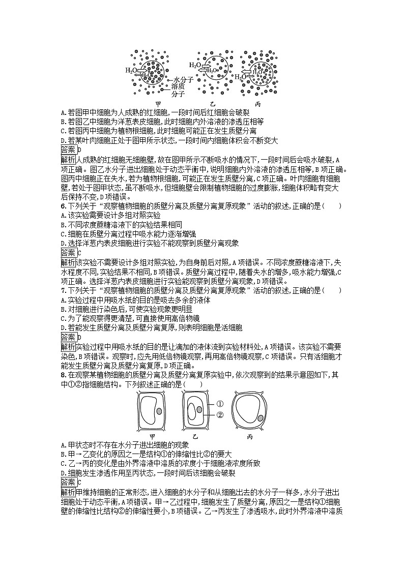 广西专版2023_2024学年新教材高中生物第3章细胞的代谢第3节物质通过多种方式出入细胞第1课时扩散和渗透观察植物细胞的质壁分离及质壁分离复原现象课后训练浙科版必修1第2页