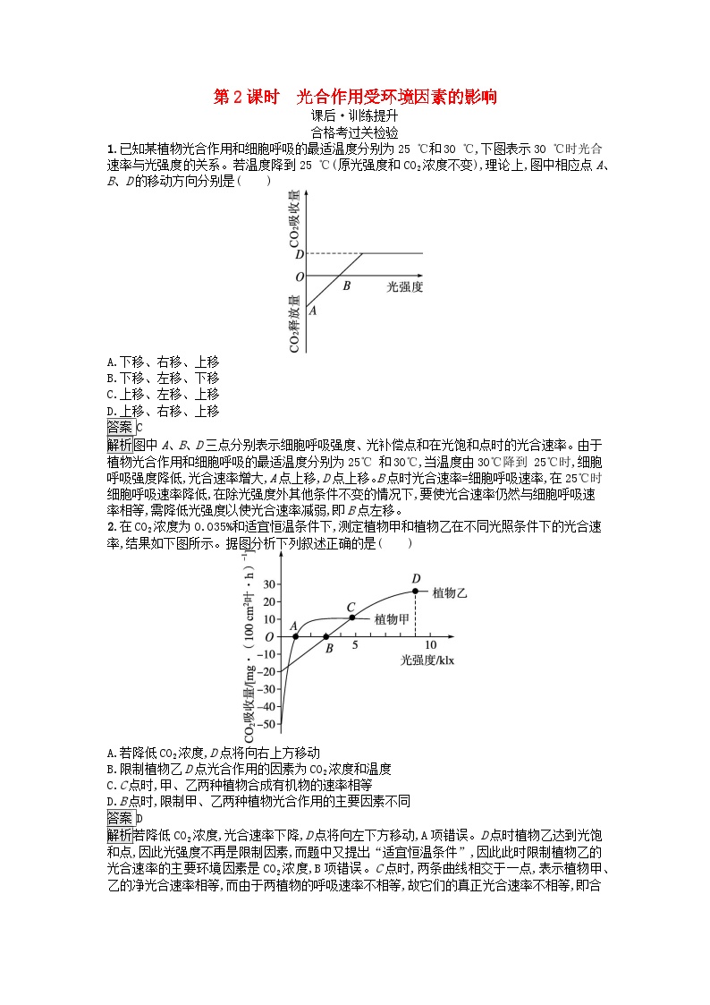 高中生物浙科版 (2019)必修1《分子与细胞》第五节 光合作用将光能转化为化学能第2课时课时练习