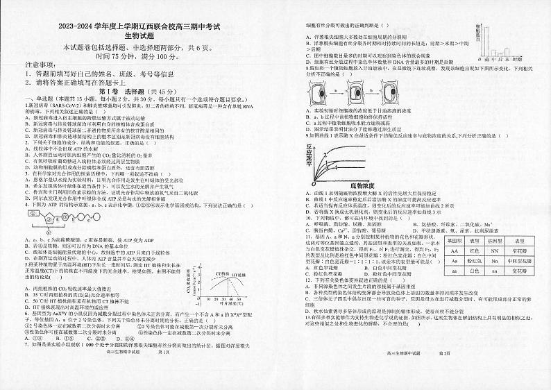 辽宁省辽西联合校2023-2024学年高三上学期期中考试 生物第1页