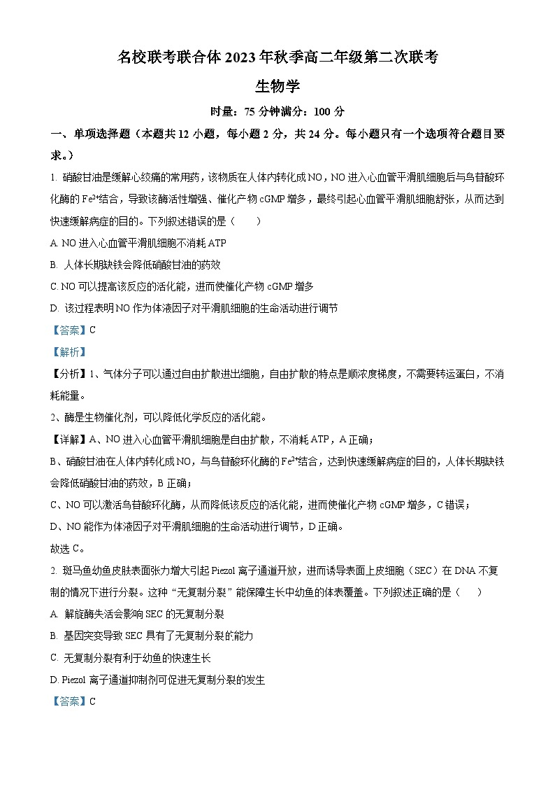 2024湖南省名校联考联合体高二上学期第二次联考（期中考试）生物试题含解析01