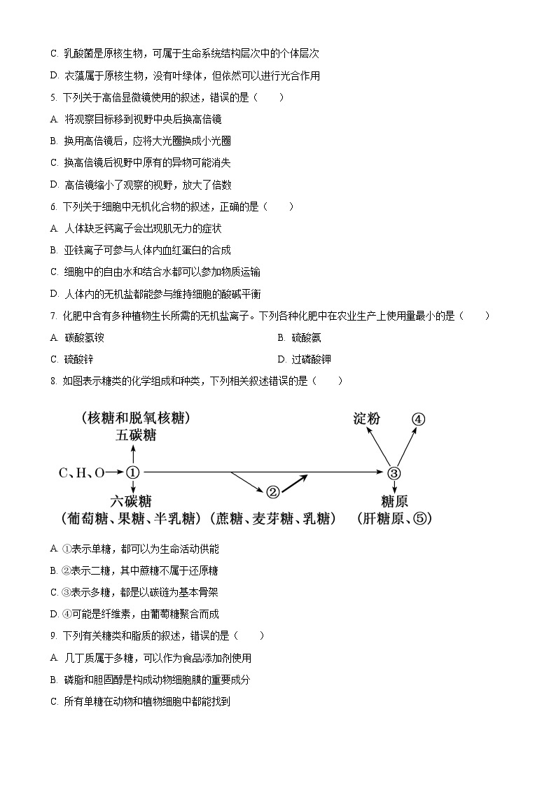 安徽省合肥市第一中学2023-2024学年高一上学期期中生物试题（Word版附解析）02