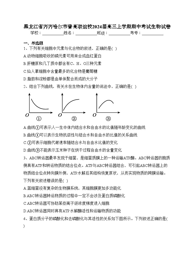黑龙江省齐齐哈尔市普高联谊校2024届高三上学期期中考试生物试卷(含答案)第1页
