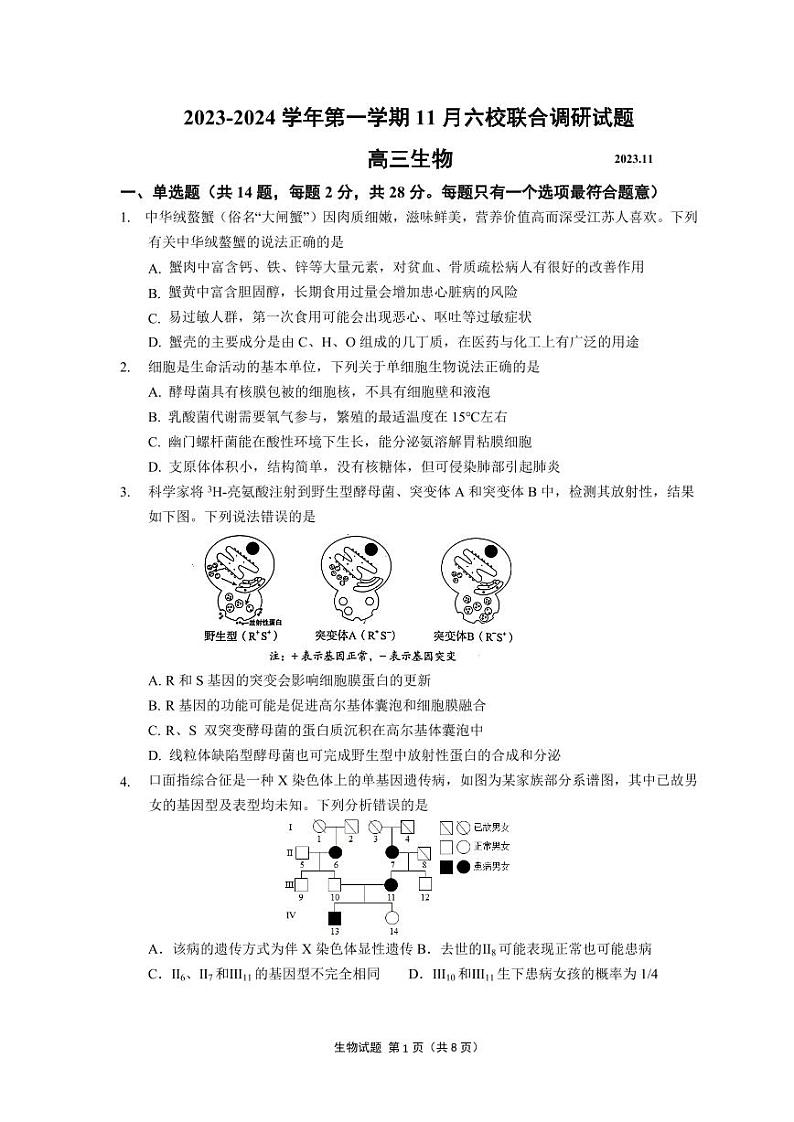 江苏省南京市六校2023-2024高三上学期期中调研生物试卷+答案第1页