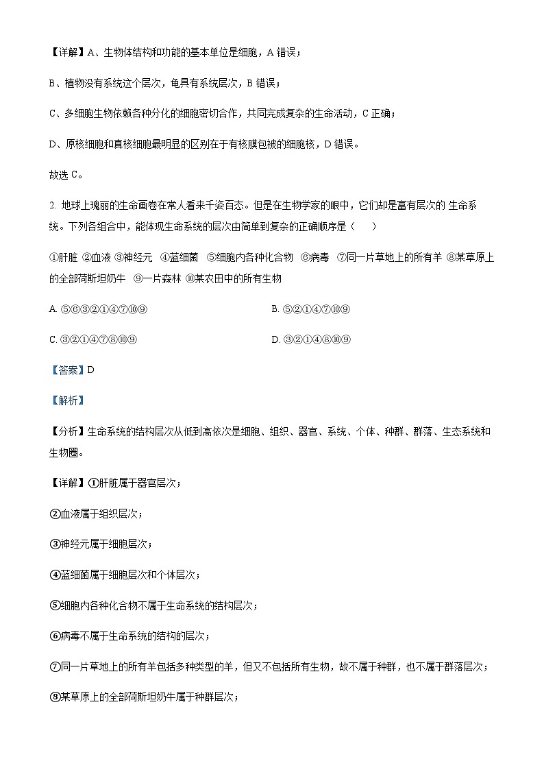 云南省红河州开远市一中2023-2024学年高一9月月考生物试题 Word版含解析第2页