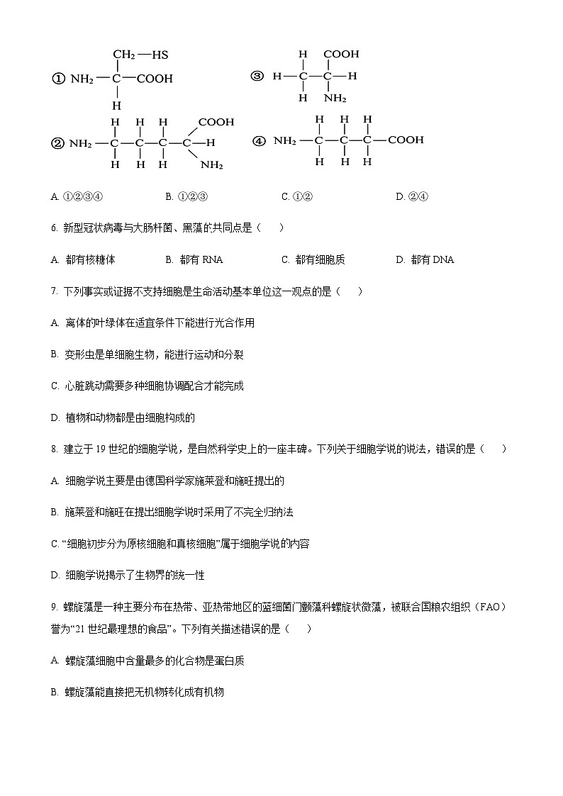 2023-2024学年浙江省宁波市五校联盟高一上学期期中联考试题生物含答案02