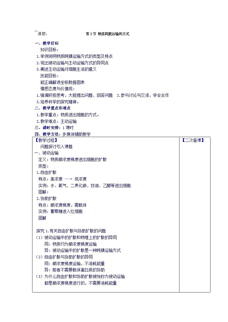 高中生物(新人教版必修1)教案:4.3《物质跨膜运输的方式》第1页