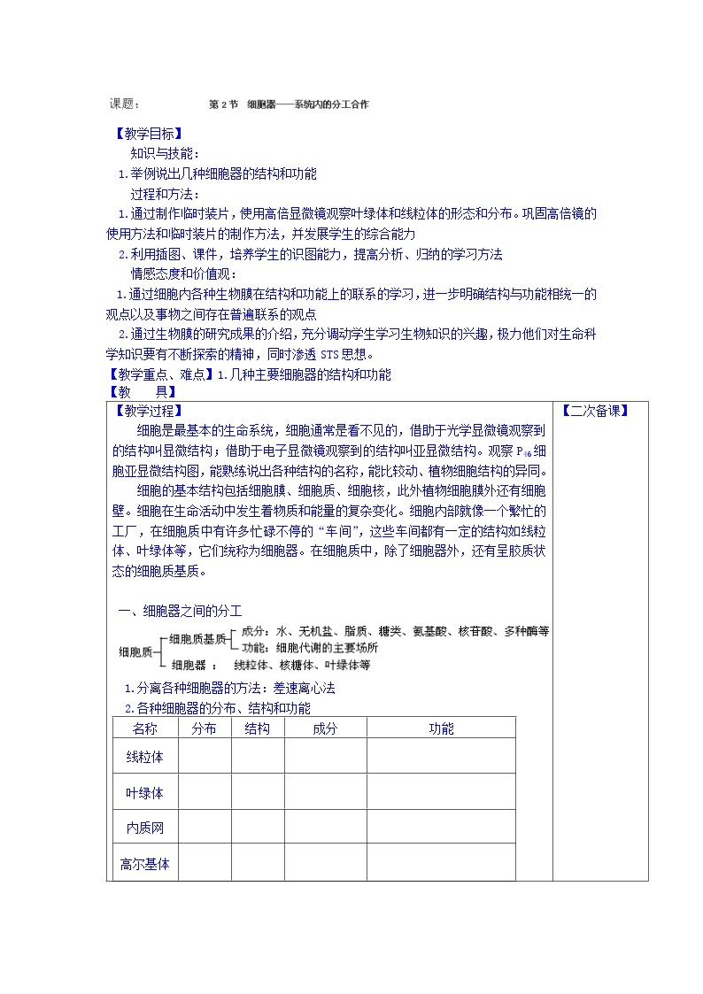 高中生物（新人教版必修1）教案：3.2《细胞器——系统内的分工合作》01