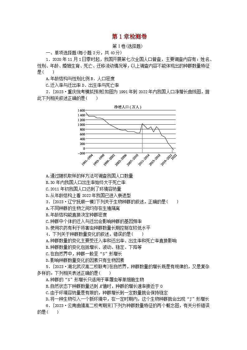 2023版新教材高中生物第1章种群及其动态检测卷新人教版选择性必修2第1页