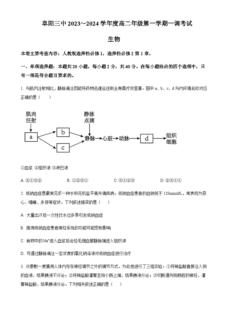 安徽省阜阳市三中2023-2024学年高二10月月考生物试题 Word版无答案第1页