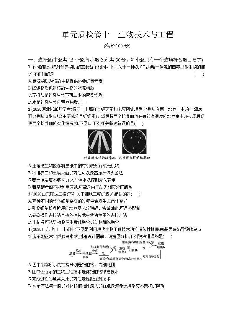 高中考试生物单元质检卷(十)——生物技术与工程第1页