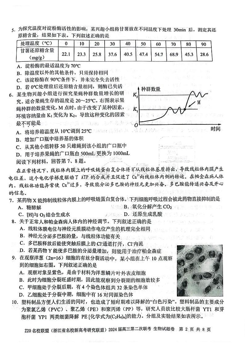 2024浙江省Z20名校联盟高三上学期12月月考试题生物PDF版含答案02
