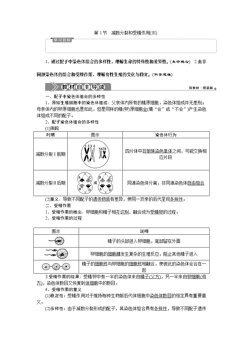 高中生物必修二《第1节 减数分裂和受精作用》教学设计2-统编人教版01