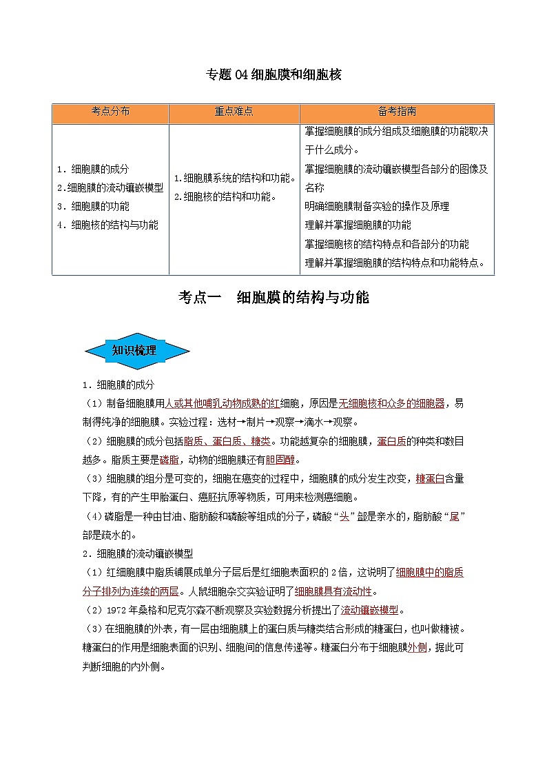 专题04 细胞膜和细胞核(串讲)(解析版)第1页