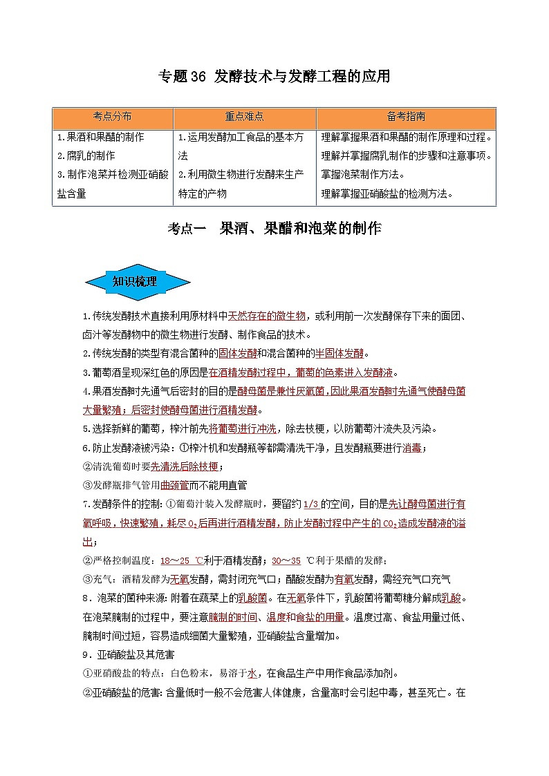 专题36 发酵技术与发酵工程的应用(串讲)-备战2024年高考生物一轮复习精讲精练(新高考专用)01
