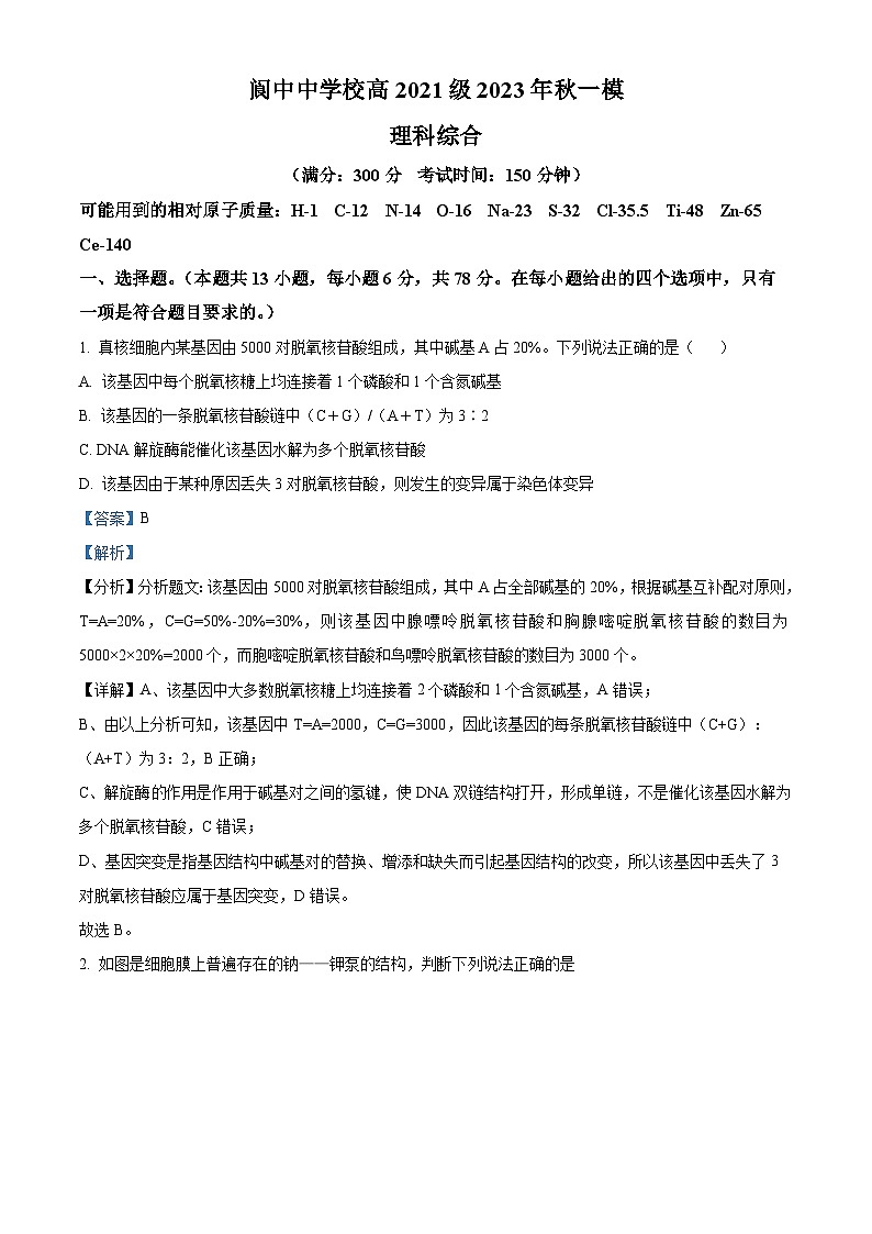四川省阆中中学2023-2024学年高三上学期一模生物试题(Word版附解析)第1页