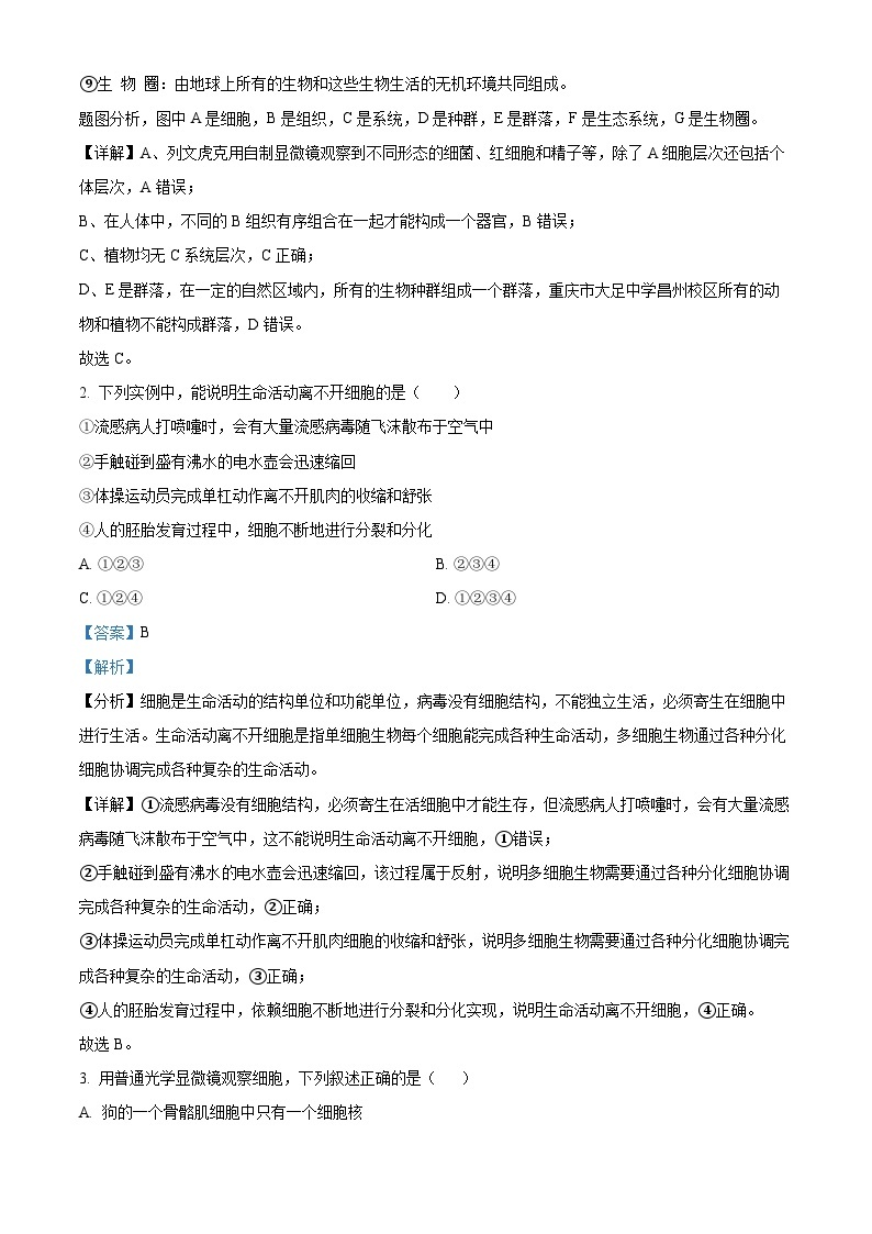 重庆市长寿中学等七校2023-2024学年高一上学期期中联考生物试题（Word版附解析）02