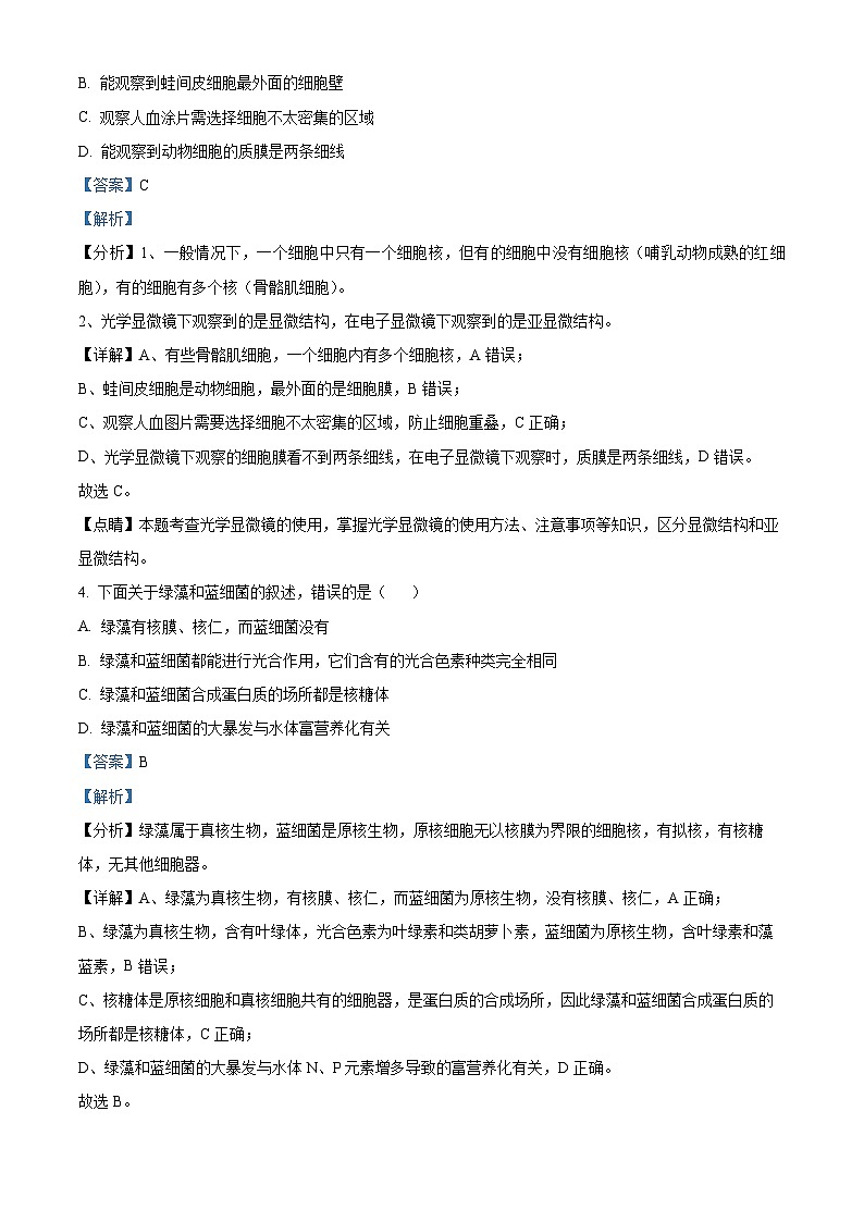 重庆市长寿中学等七校2023-2024学年高一上学期期中联考生物试题(Word版附解析)03