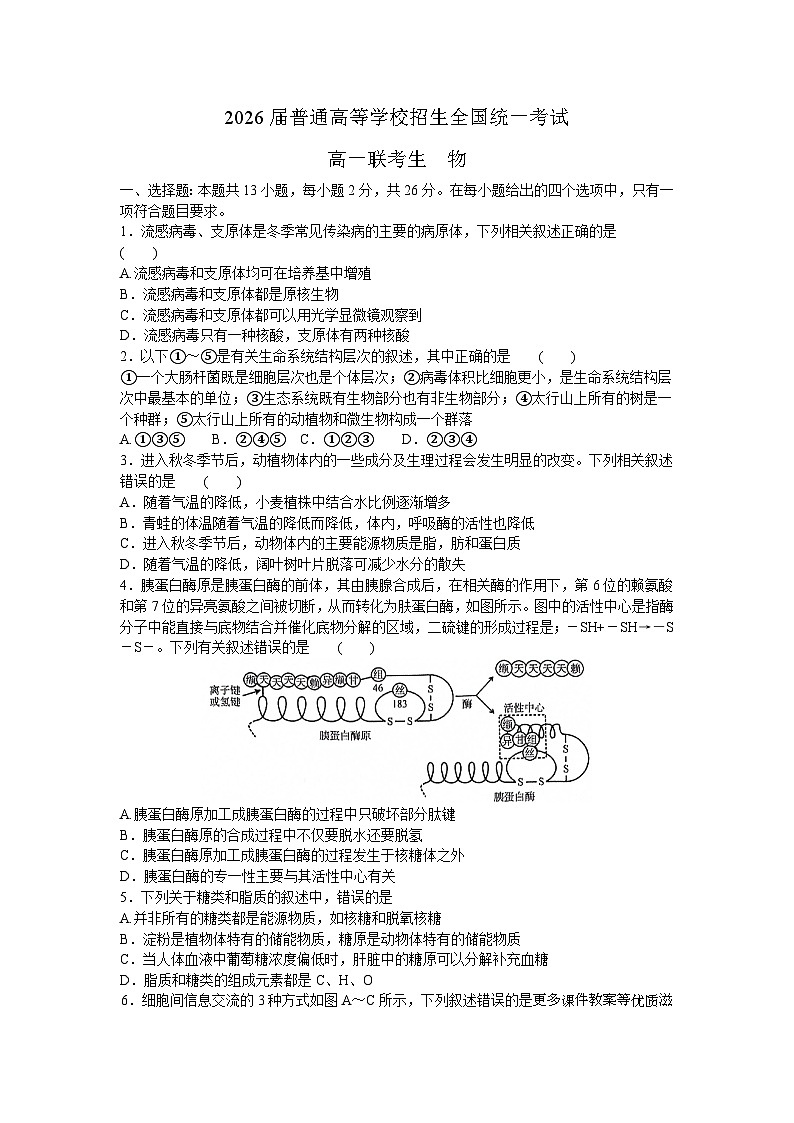 河南省驻马店市青桐鸣联考2023-2024年高一上学期12月考试生物试题第1页