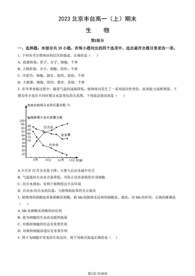 2023年北京丰台高一上学期期末生物试卷及答案(教师版)01