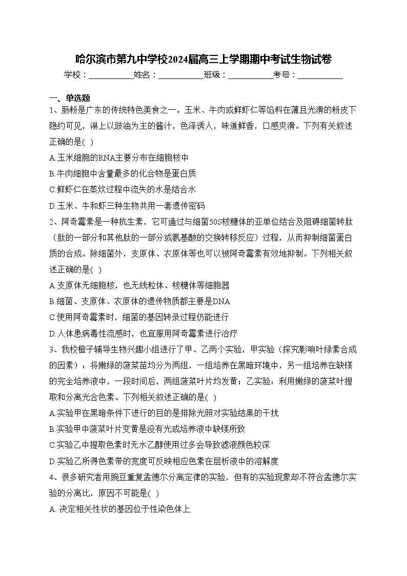 哈尔滨市第九中学校2024届高三上学期期中考试生物试卷(含答案)01