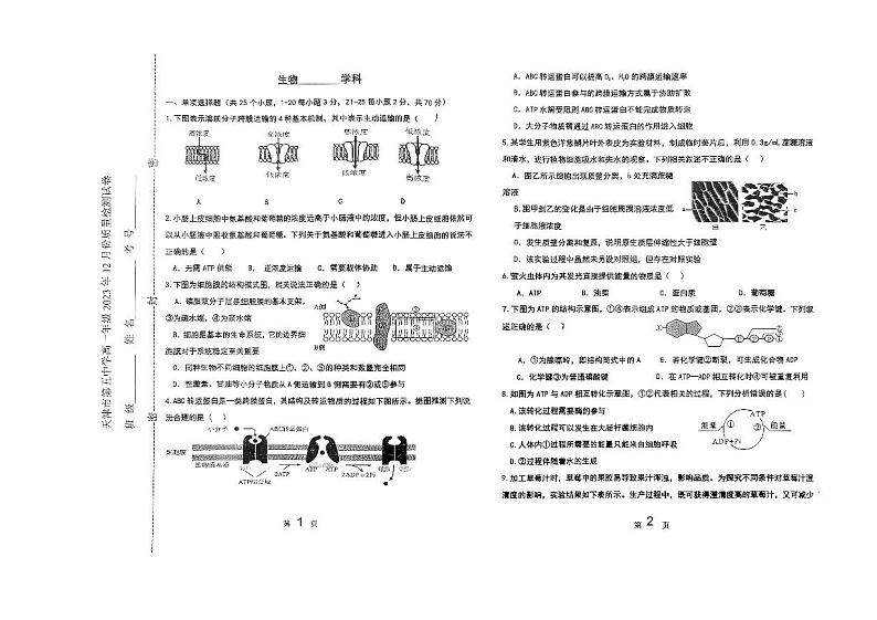 2024天津市五中高一上学期12月月考试题生物PDF版无答案第1页
