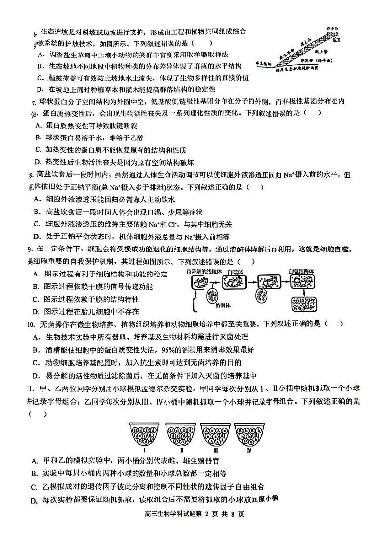 浙江省三校2023-2024学年高三上学期第一次联考生物试题(PDF版附答案)第2页