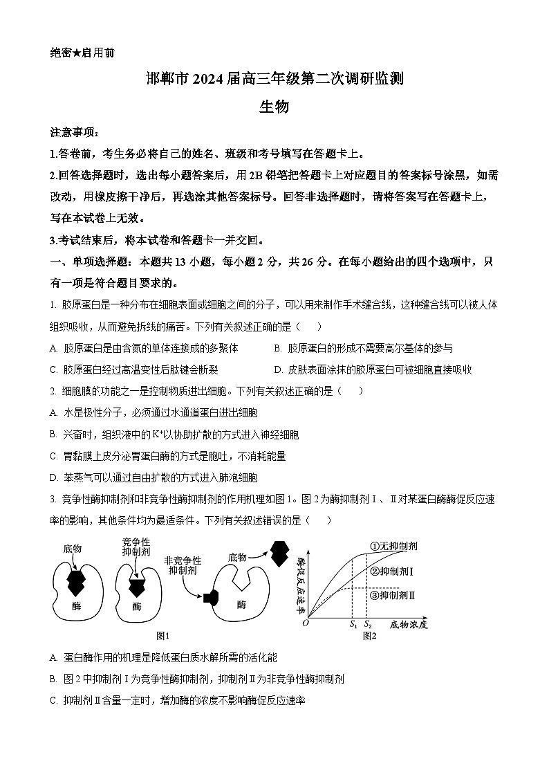 精品解析:2024届河北省邯郸市高三上学期第二次调研监测生物试题(原卷版)第1页