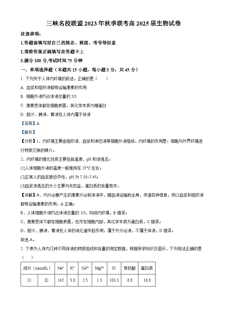 重庆市名校联盟2023-2024学年高二上学期第二次联考(12月)生物试题(Word版附解析)第1页