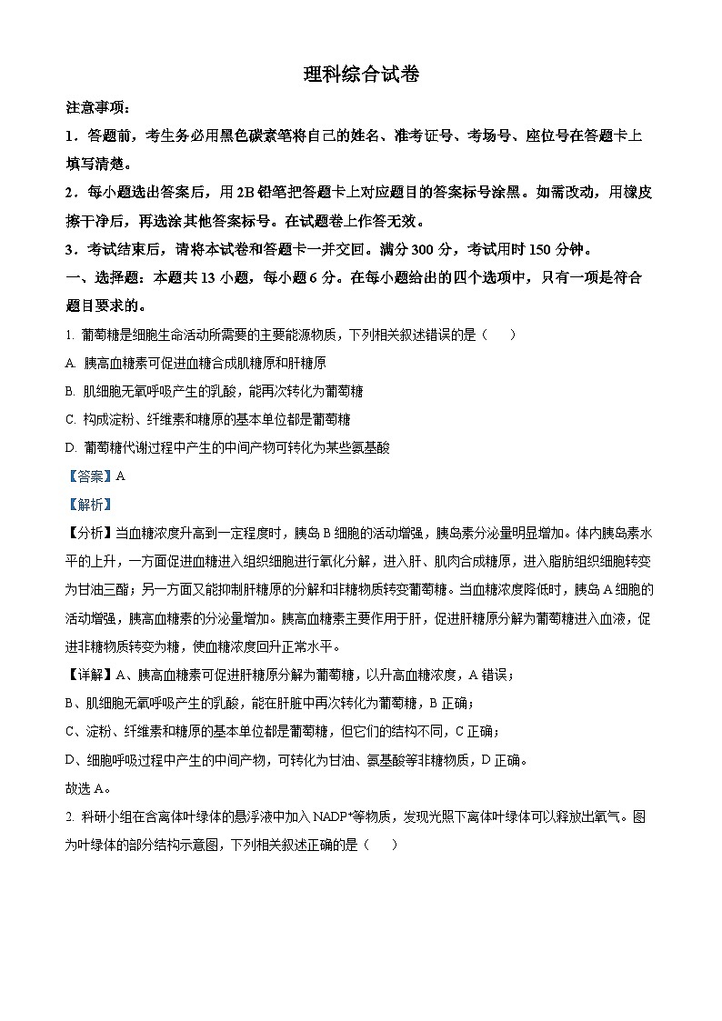 云南省昆明市云南师大附中2023-2024学年高三上学期高考适应性月考卷(六)理综生物试题(解析版) - 副本01