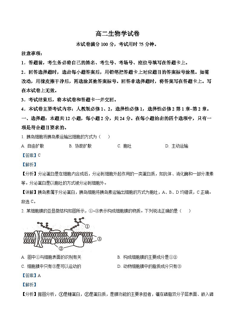 湖南省百校大联考2023-2024学年高二12月月考生物试题含解析第1页