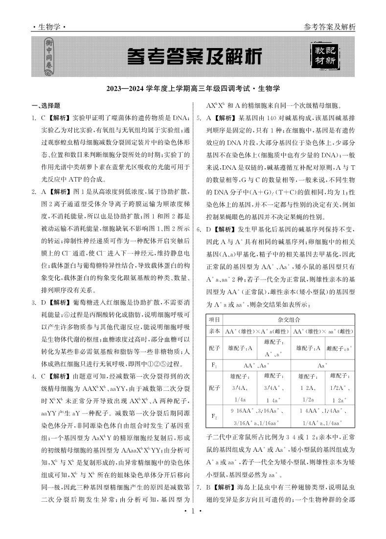 2024河北省衡中同卷高三上学期四调考试生物PDF版含解析01