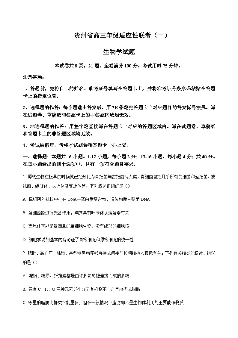 2024届贵州省铜仁一中高三上学期适应性联考(一)生物word版含答案01