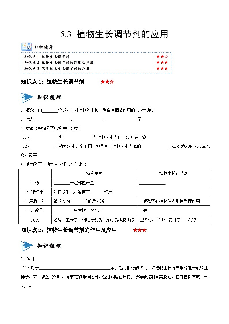 5.3 植物生长调节剂的应用(讲义)-2023-2024学年高二生物同步讲练测(人教版选择性必修1)01