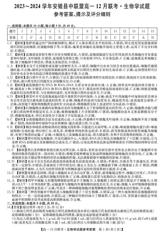 2024安徽省县中联盟高一上学期12月月考试题生物含解析01