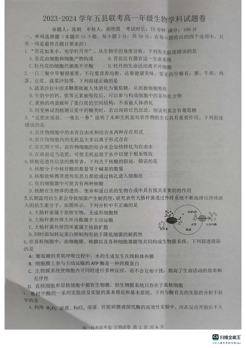 2024开封五县联考高一上学期12月期中考试生物PDF版含答案第1页