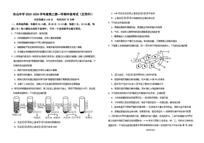 广东省梅州市梅县东山中学2023-2024学年高二上学期期中检测生物试卷第1页
