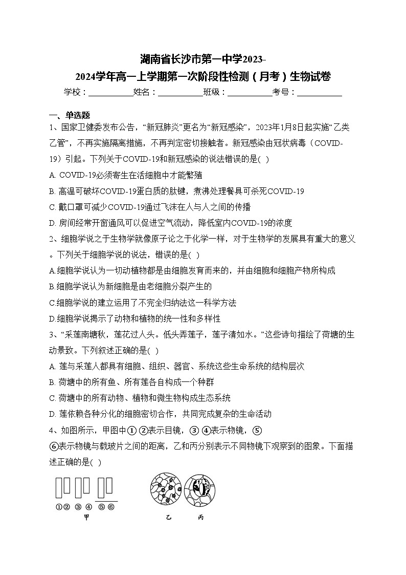 湖南省长沙市第一中学2023-2024学年高一上学期第一次阶段性检测(月考)生物试卷(含答案)第1页