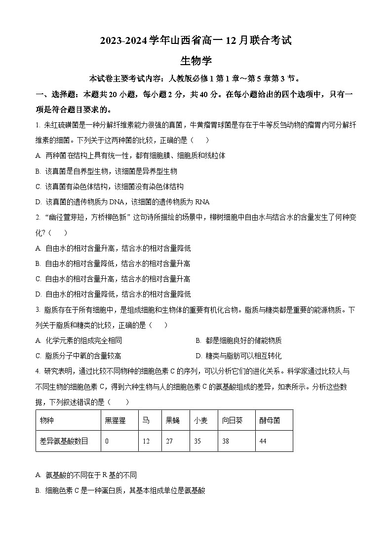 2024山西省高一上学期12月联合考试生物含解析第1页