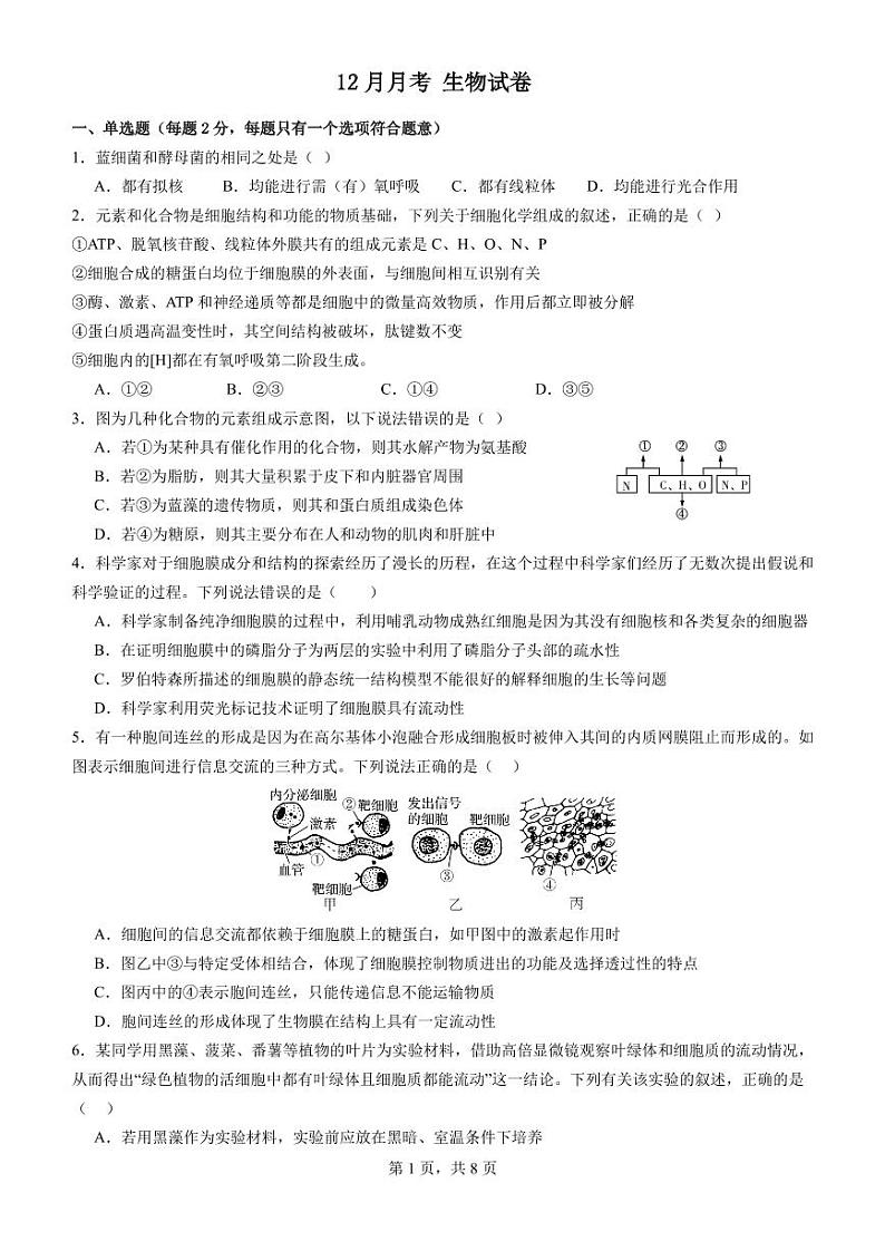2024河南省顶级名校高一上学期12月月考试题生物PDF版含解析第1页